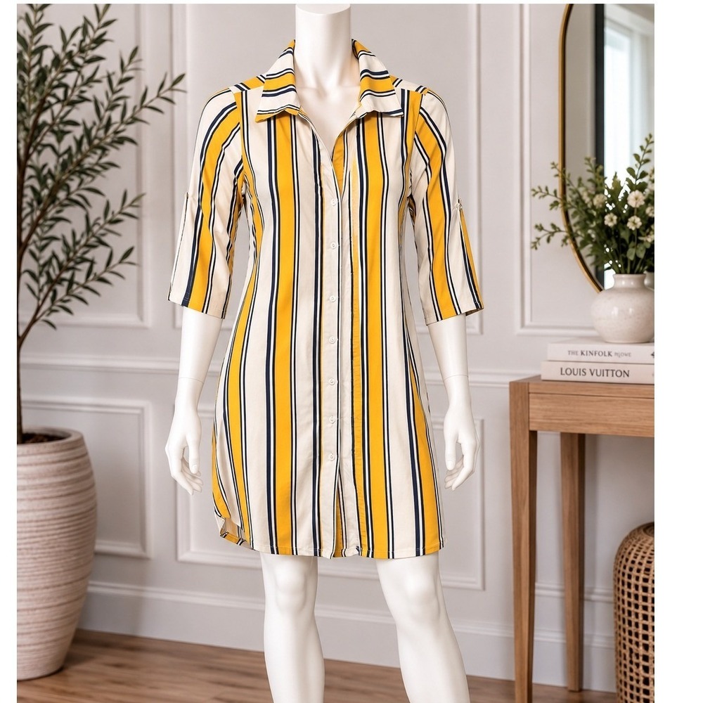 J for Justify Yellow Navy Striped Button Front Shirt Dress Collared S